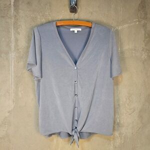 Vintage Flutter Sleeve Gray Short Sleeve Tie Front Top Modal Blend L USA 90s y2k